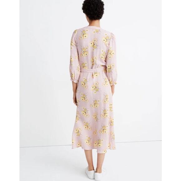 Madewell Linen-Blend Ruffle-Cuff Wrap Dress Dutch Dandelions Medium Pink Floral - Picture 3 of 9